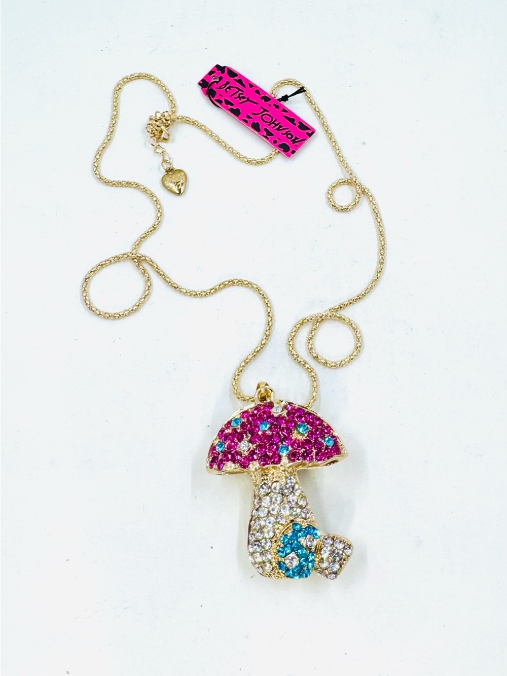 Betsey Johnson Gold Tone Pink & Blue Rhinestone Mushroom Pendant Necklace NWT